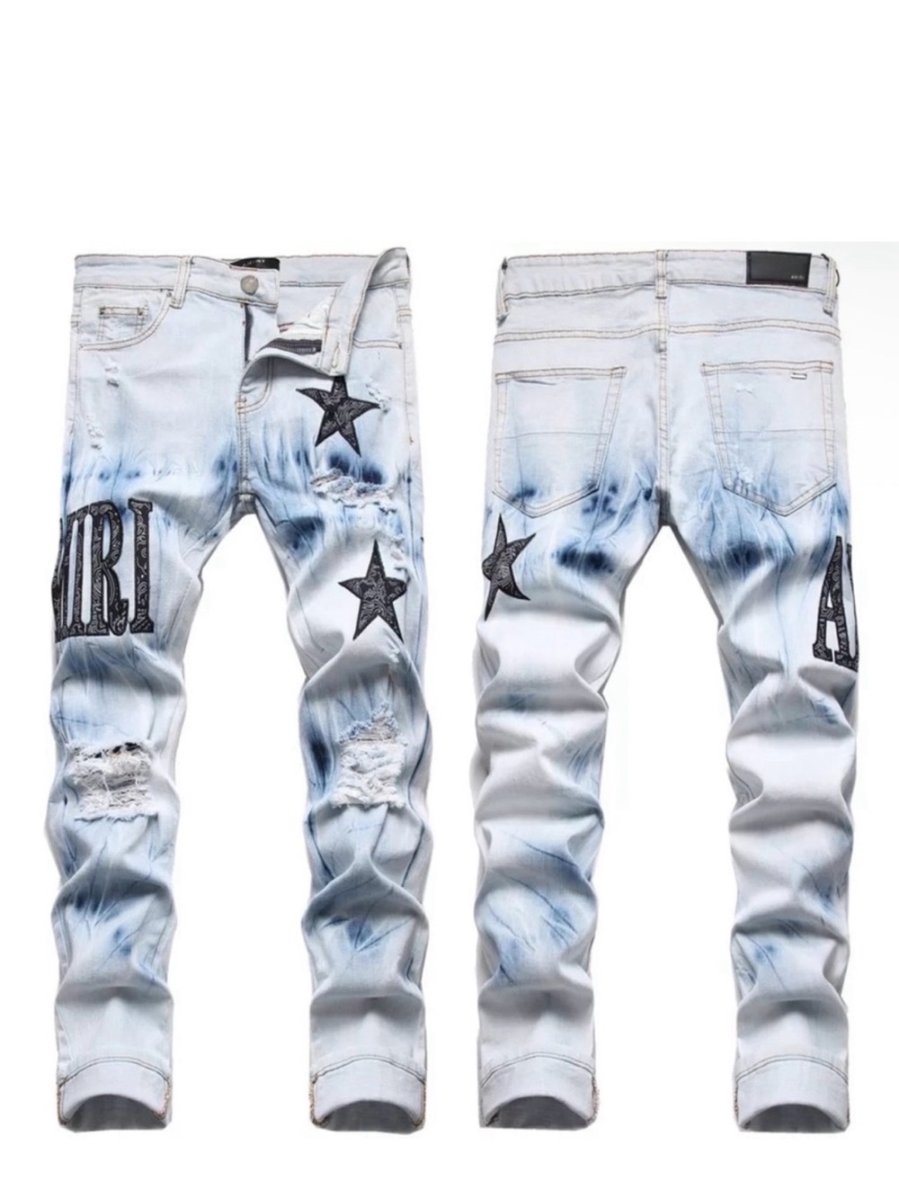 AMIRI Bleached Light Blue Distressed Star & Bandana Patch Skinny Jeans - Size 30